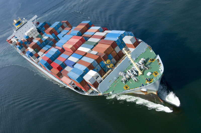 an aerial view of a container ship.